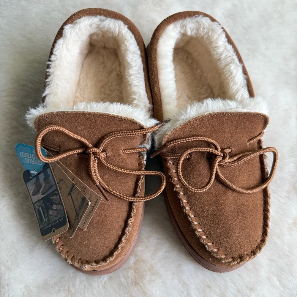New! LAMO FOOTWEAR DOUBLEFACE MOCCASIN SLIPPERS IN CHESTNUT size 8